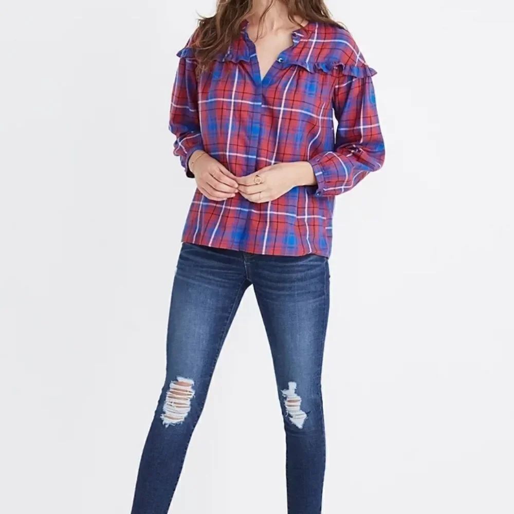 Madewell Plaid Shirred Button-Down Top Sz XS